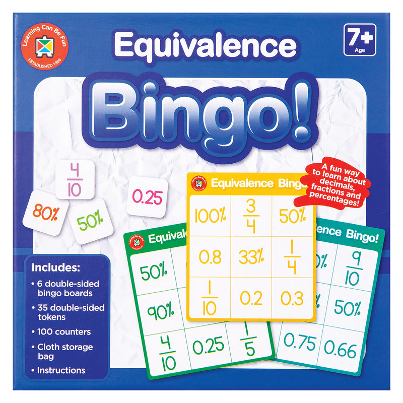 Front packaging artwork for Learning Can Be Fun Equivalence Bingo displaying example equivalence values, colourful bingo boards and game pieces. The packaging emphasises learning fractions, decimals and percentages through fun interactive gameplay for children aged seven years and above.