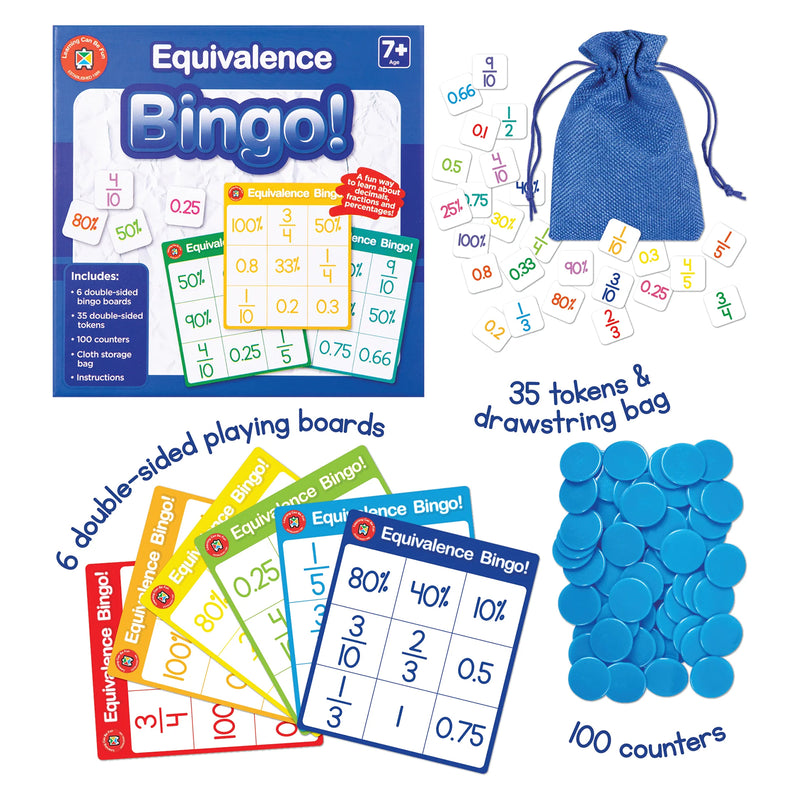 Product overview image featuring the Equivalence Bingo box, six double sided bingo boards, thirty five tokens, one hundred counters and a blue drawstring storage bag. The colourful layout clearly demonstrates the educational resources included for maths learning activities.