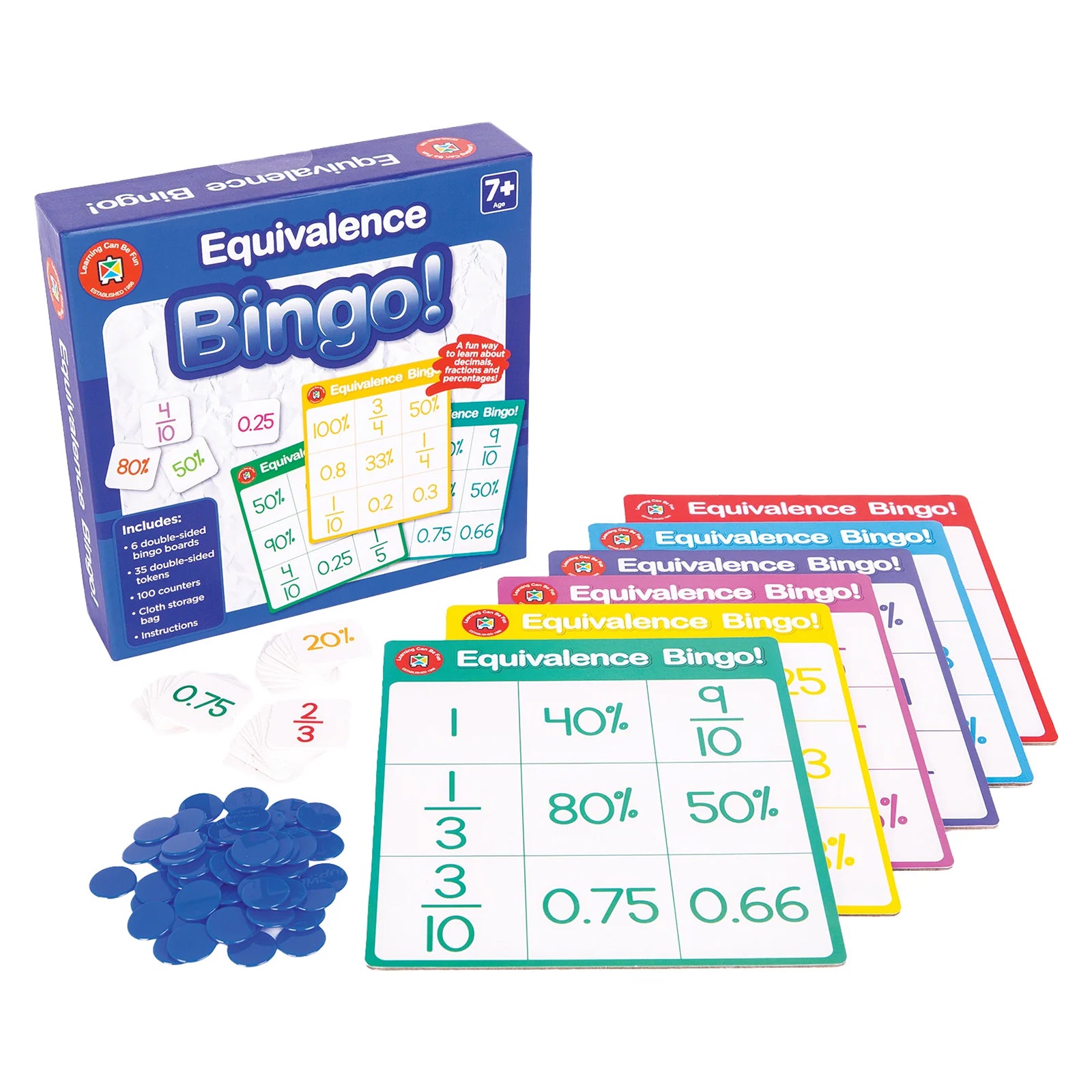 Retail packaging and game contents displayed together, showing equivalence bingo boards featuring fractions, percentages and decimal values. Tokens and counters are arranged beside the boards, highlighting the engaging design and educational purpose of the maths learning game.
