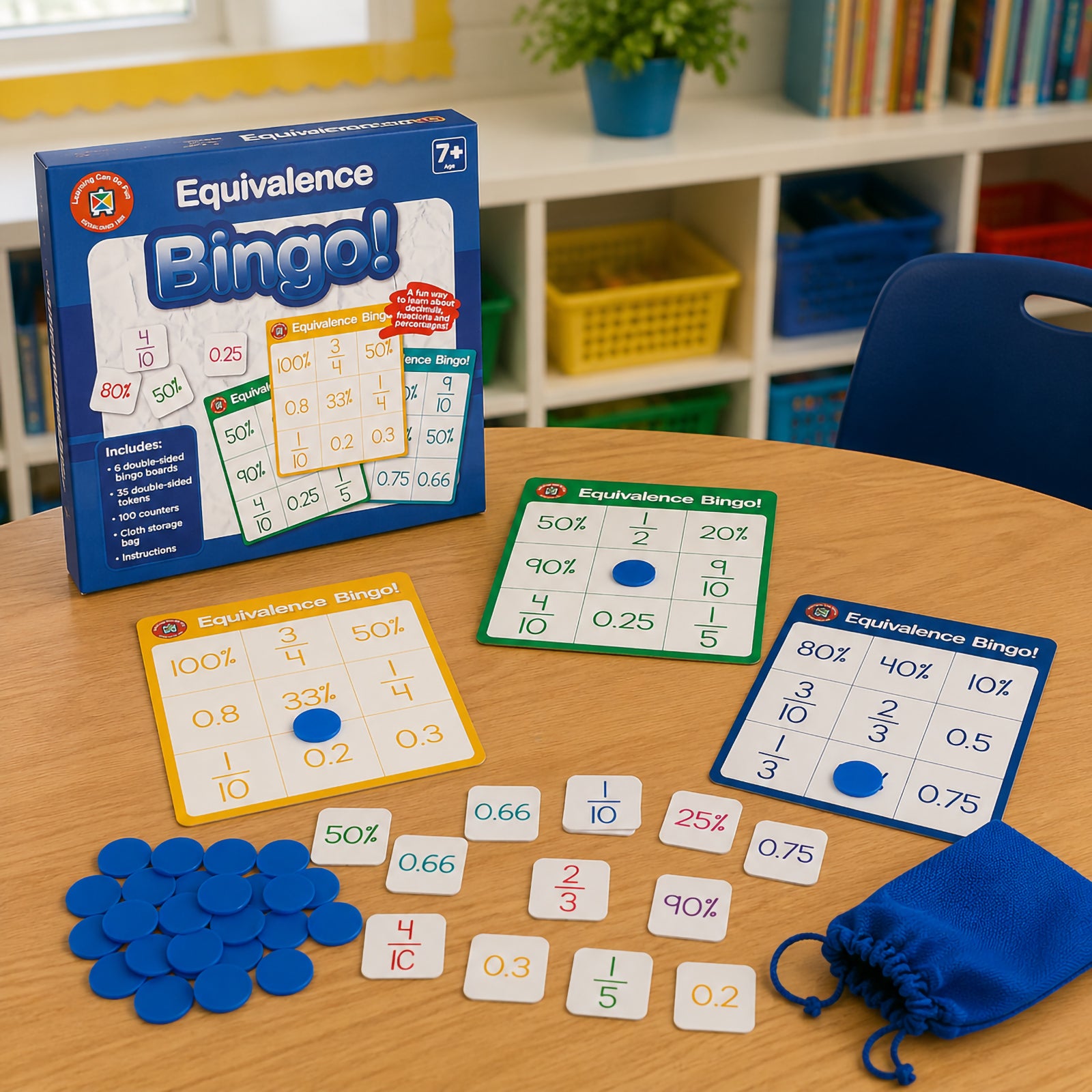 Complete Equivalence Bingo game set arranged on a classroom table with retail packaging, bingo boards, counters, equivalence tokens and storage bag. The display showcases all included components designed to support learning fractions, decimals and percentages in educational settings.
