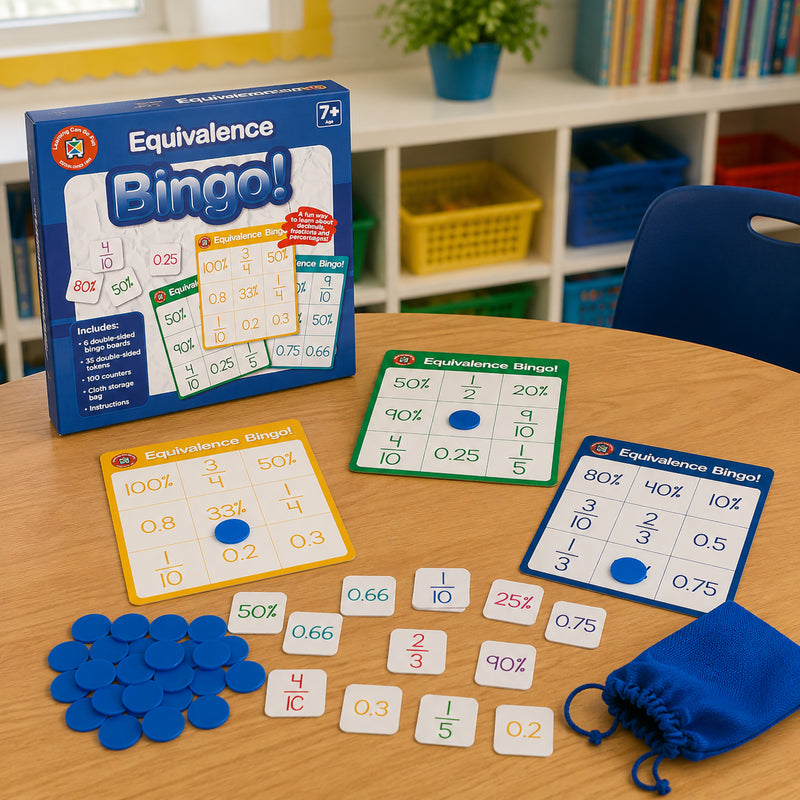 Complete Equivalence Bingo game set arranged on a classroom table with retail packaging, bingo boards, counters, equivalence tokens and storage bag. The display showcases all included components designed to support learning fractions, decimals and percentages in educational settings.