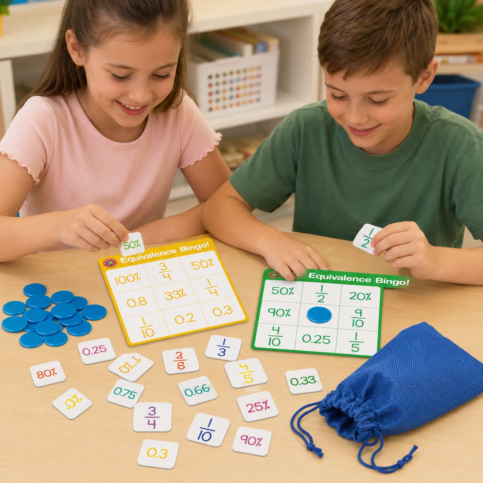 Two students actively matching equivalence tokens to brightly coloured bingo boards featuring fractions, decimals and percentages. Blue counters, scattered number tokens and the storage bag demonstrate hands on learning that helps children understand mathematical relationships through interactive play.