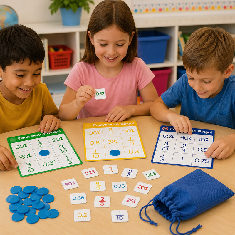 Three children playing Learning Can Be Fun Equivalence Bingo at a classroom table. Colourful bingo boards display fractions, decimals and percentages while students match equivalent values using numbered tokens and blue counters. The image highlights collaborative maths learning, problem solving and numeracy skill development through engaging educational gameplay.