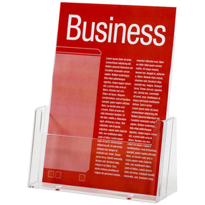 Esselte 31041 clear free standing A4 brochure holder with a red sample brochure printed Business standing in the pocket