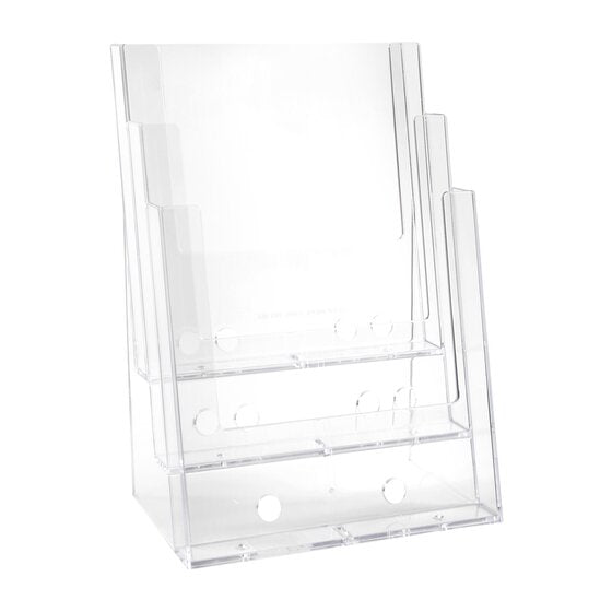 Front view of the empty clear Esselte three tier A4 holder showing three portrait compartments one behind the other