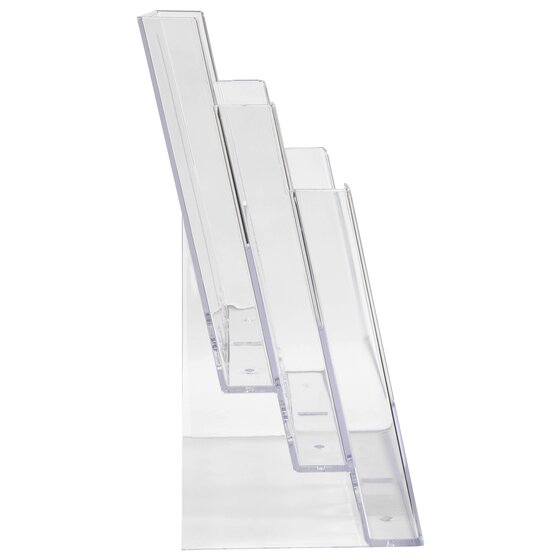 Side profile of the Esselte 31066 holder showing how the three clear tiers step back and up from the base
