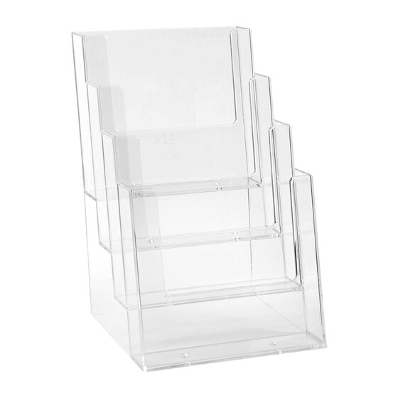 Front view of the empty clear Esselte four tier A5 holder showing four portrait pockets stepping up and back
