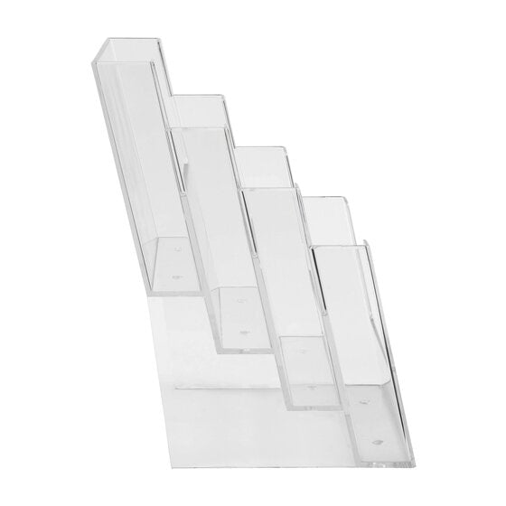 Side profile of the Esselte A5 holder showing four clear tiers stepping back from the front pocket