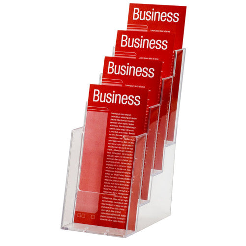 Esselte 31049 free-standing DL portrait brochure holder with four tiers and four compartments, shown empty on a white background
