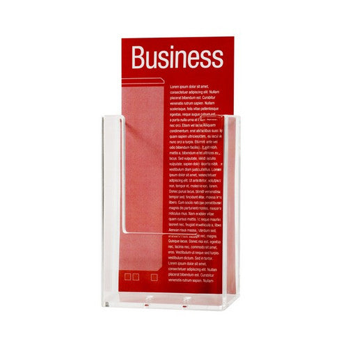 Esselte 31046 single-tier DL portrait wall-mount brochure holder in clear moulded plastic, shown mounted on a white wall