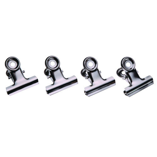 Esselte 55409 silver chrome bulldog letter clips 38mm in a box of 72, shown from above on a white background