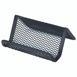 Esselte 47548 black steel mesh business card holder on a desk, front view showing card slot and mesh construction