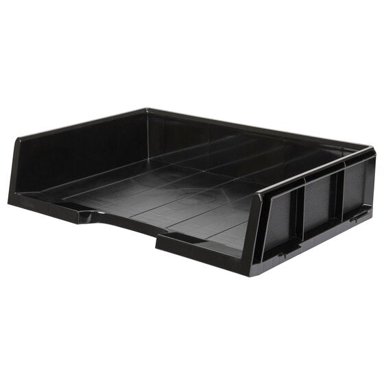Esselte Celestial 48642 black A3 landscape document tray from a front angle, deep walls with ribbed side panels and a front handle
