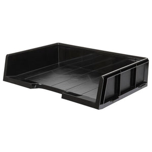 Esselte Celestial 48642 black A3 landscape document tray from a front angle, deep walls with ribbed side panels and a front handle