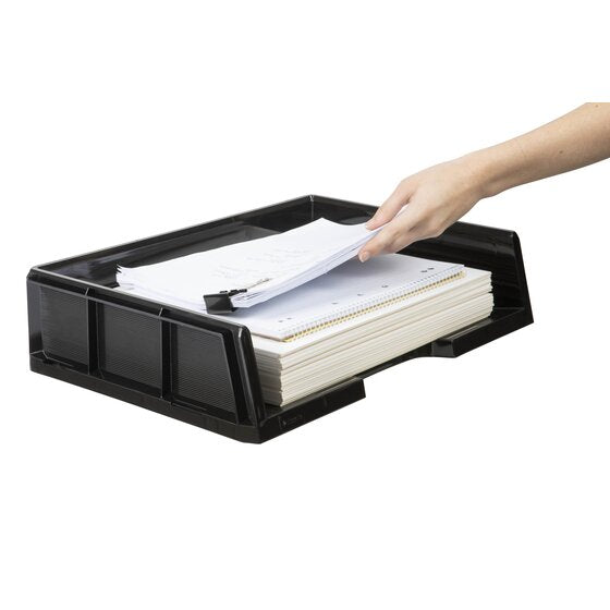 A hand lifting a thick stack of A3 paper out over the front of the black Celestial tray