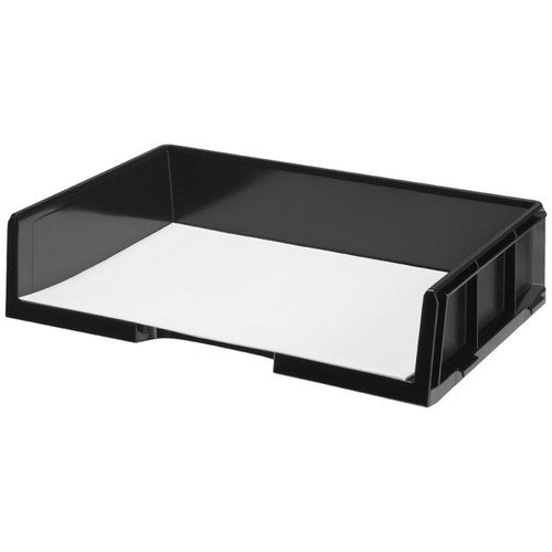 Esselte Celestial A3 landscape document tray in matte black, shown from a front angle displaying the extra-deep tray body and front handle