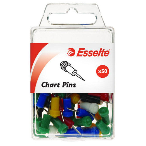 Esselte chart pins in assorted colours with round plastic heads, pack of 50, displayed on white background