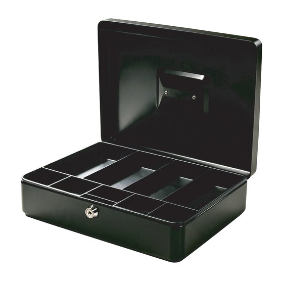 Esselte Classic No.12 black steel cash box with the lid open, showing a black divided tray and the handle folded inside the lid