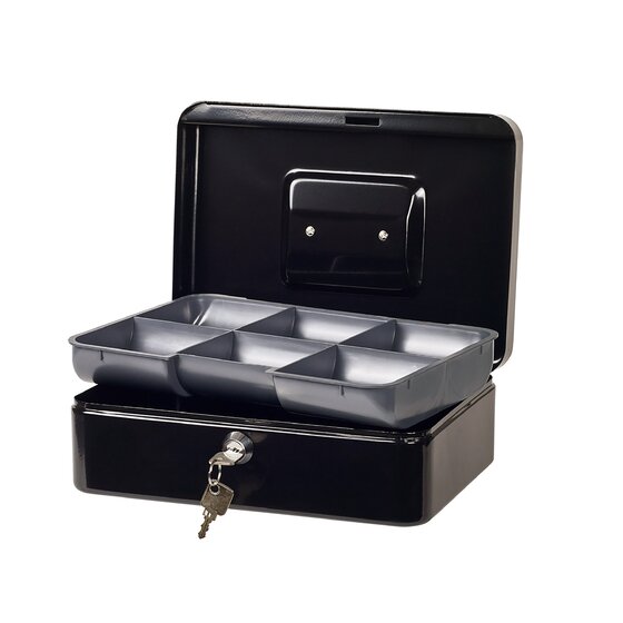 Esselte Classic No.8 black cash box open with the grey six compartment coin tray lifted and two keys hanging from the front lock