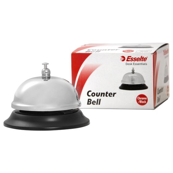 Esselte counter bell beside its red and white Desk Essentials box printed Counter Bell and Chrome/Black