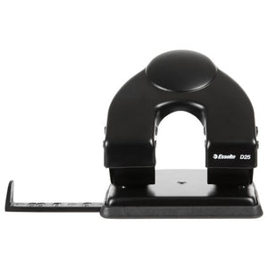 Front view of the black Esselte D25 two hole punch with its round top button, arched body and guide bar pulled out to the left