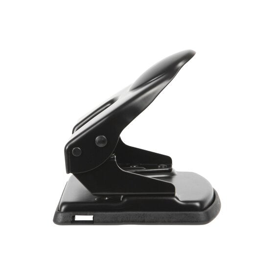 Side view of the Esselte D25 punch showing the black lever body sitting on its rounded black base