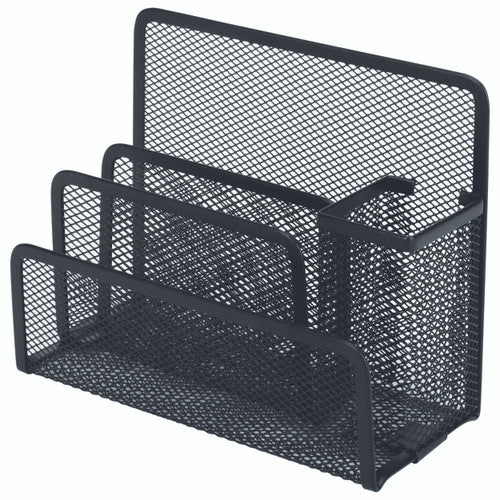 Esselte 48459 black steel mesh desk organiser with multiple compartments for pens and stationery, shown on a white background