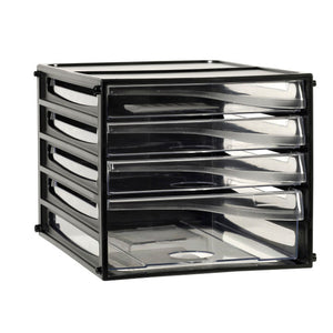 Esselte 49774 desktop filing unit with a black frame, three slim clear drawers above one deeper clear drawer, seen from the front at an angle
