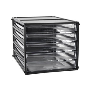 Esselte 49775 desktop filing unit with a black frame and five clear drawers of equal height, front angled view