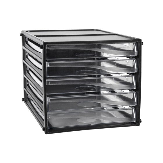 Esselte 49775 desktop filing unit with a black frame and five clear drawers of equal height, front angled view