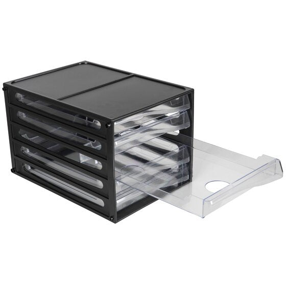The Esselte five drawer unit with the top clear drawer pulled fully out of the black frame, showing its finger cut-out