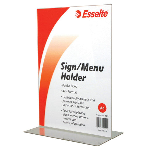 Esselte 47572 clear double-sided A4 portrait sign and menu holder standing upright on a white surface