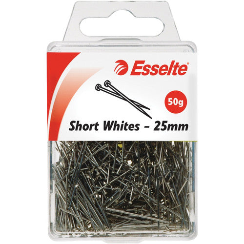 Esselte 25mm short white dressmaker pins in a 50g pack, nickel-plated steel sewing pins