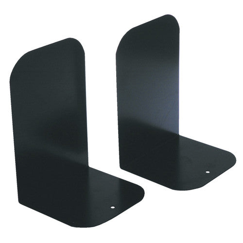 Esselte Elements gloss black metal bookends pair standing upright against a white background