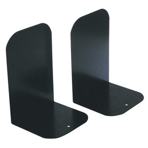 Esselte Elements gloss black metal bookends pair standing upright against a white background