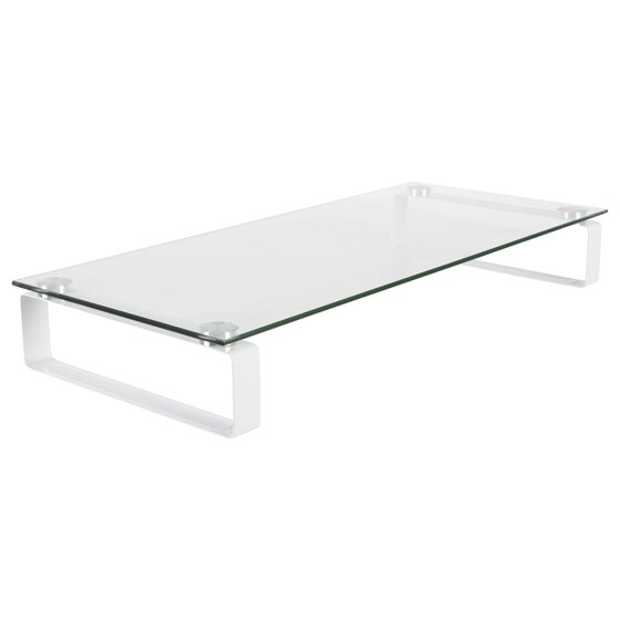 Esselte 30051 clear tempered glass monitor stand seen from above at an angle, white U shaped legs at each end