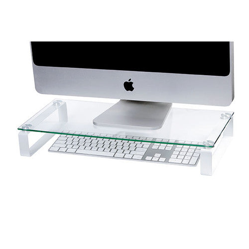 Esselte 30051 tempered glass monitor stand with white legs, 60cm wide, shown from front angle