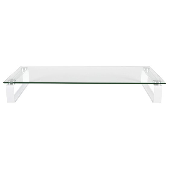Esselte glass monitor stand from a low front view showing the thin clear top resting on white legs