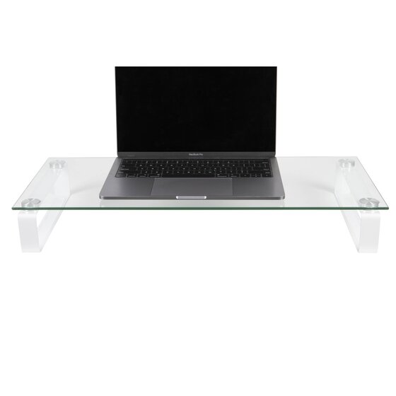 Open laptop sitting on the Esselte 30051 clear glass stand with white legs