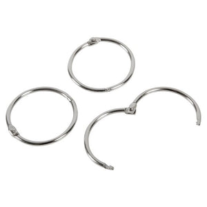 Three silver Esselte 38mm hinged rings, two closed and one opened wide on its hinge
