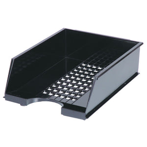 Esselte Industry 315627 black jumbo A4 document tray with high solid walls, a lattice floor of square openings and a wide front cut-out