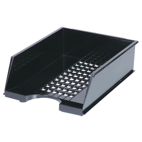 Esselte Industry Jumbo A4 document tray in black with lattice sides, shown from a front three-quarter angle
