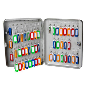 Open Esselte No 3 grey key cabinet with a hinged inner panel and door full of colourful tags on hooks numbered up to 93