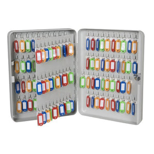 Large grey Esselte No 4 key cabinet open, rows of colourful key tags on the back wall, the hinged inner panel and the door