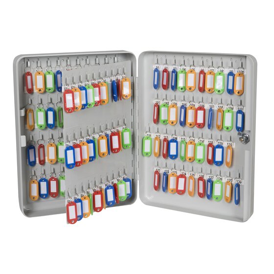 Large grey Esselte No 4 key cabinet open, rows of colourful key tags on the back wall, the hinged inner panel and the door