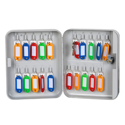 Esselte grey wall-mounted key cabinet open showing 20 colourful key tags and secure lock