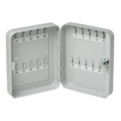 Esselte Key Cabinet No 1 grey closed with lock, front view showing compact 200x160x60mm dimensions