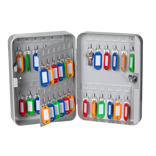 Esselte grey wall-mounted key cabinet with secure lock, open to show 48 colourful key tags on hooks