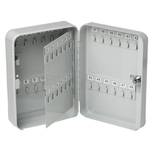 Front view of Esselte Key Cabinet No 2 in grey, closed and locked, dimensions 250x180x75mm