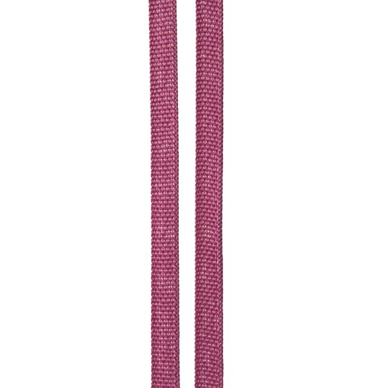 Close view of two lengths of pink woven legal tape showing the flat ribbon texture
